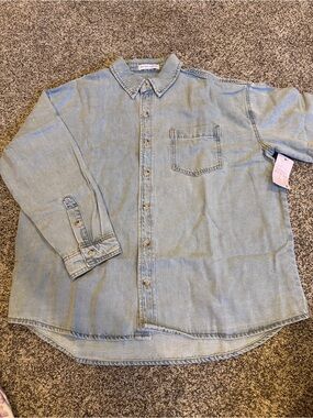 Light Wash Denim Button-Down Shirt - Casual Oversized